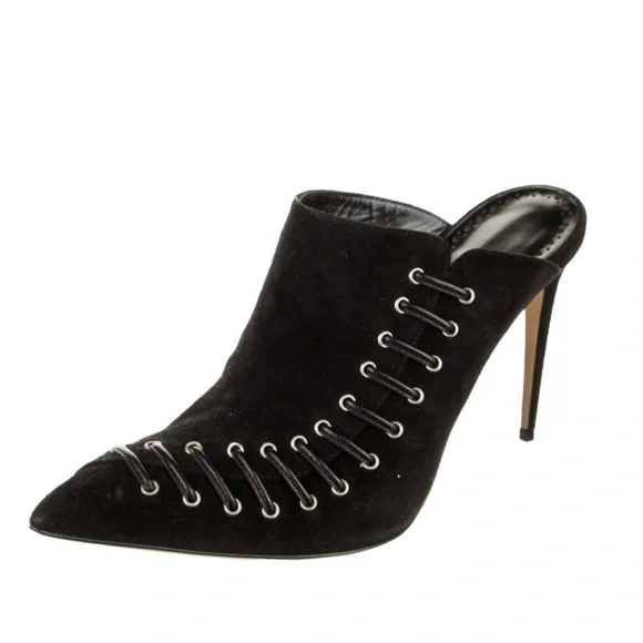 Manolo Blahnik Black Suede Mules with Silver Eyelets Sz 37